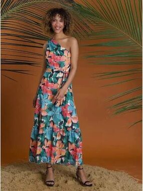 Maggy London One-Shoulder Floral Maxi Dress in Teal & Coral